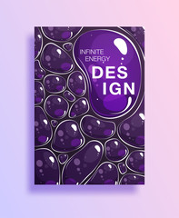 Poster with clean waters drops or cover with soap bubble. transparent drops with reflection on purple background for flyers, card, brochure, web design, vector illustration. EPS10