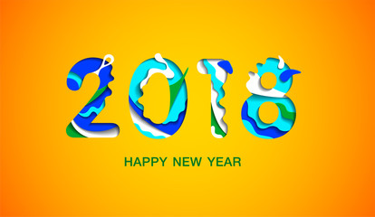 2018 Happy New Year poster template with abstract paper cut shapes. Year of the dog!  Design for your banner brochure or voucher discount.