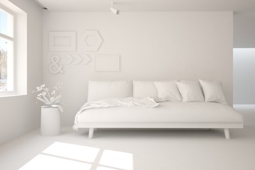 White room with sofa. Scandinavian interior design. 3D illustration