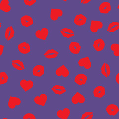 Fototapeta na wymiar Valentine's Day Hearts, Lips and Kisses, Lipstick Marks Pattern in Red and Ultra Violet - 2018 Color of the Year. Modern Romantic Background Textures. Love Symbols. Seamless Vector Pattern Tile Swatch