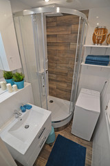 Small bathroom with a shower - obrazy, fototapety, plakaty
