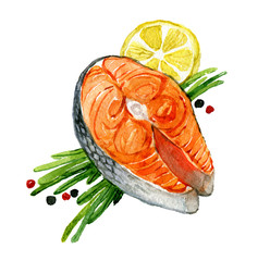 Salmon with lemon and herbs isolated on white background, watercolor illustration
