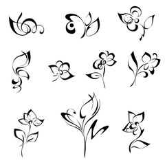 ornament 209. stylized flowers in black lines on a white background. SET