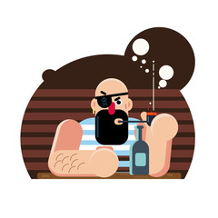 Vector illustration. Bald pirate with a pipe and a bottle of rum