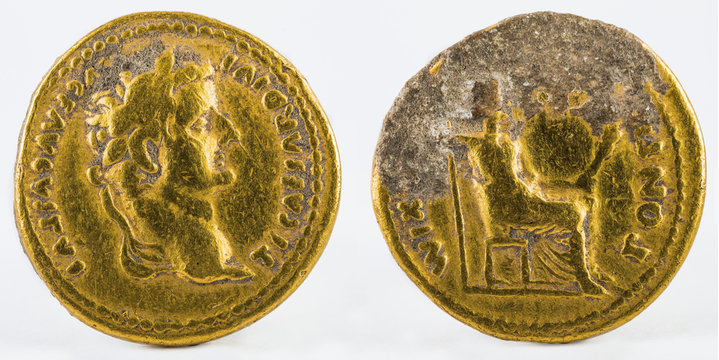 Ancient Roman gold aureus coin of Emperor Tiberius.