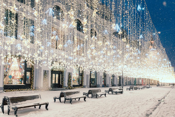 Night view of the street on the New Year holidays