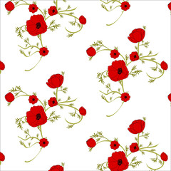 Gentle floral background with red poppies. Patterns for textiles. Seamless
