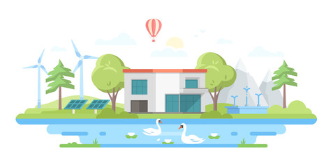 Landscape with a pond - modern flat design style vector illustration