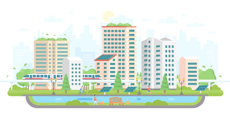 Cityscape with solar panels - modern flat design style vector illustration