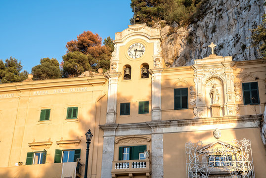 View of Sanctuary of Saint Rosalia with the holy cave on top of Monte Pellegrino in Palermo, Sicily, Italy