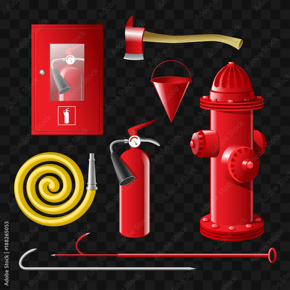 Poster firefighting equipment - set of realistic vector isolated objects