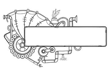 Vector drawing of outline steampunk horizontal frame with mechanical gears and pipes in black isolated on white background. Contour composition for steampunk design and coloring book.