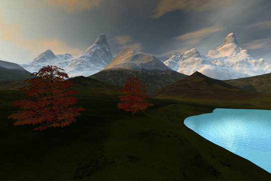 Lake, an alpine landscape, snow in the mountains, grass on the ground and a beautiful sky.
