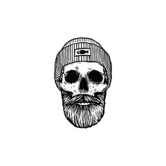 Fisherman skull with beard and skull cap/ Monochrome vector illustration