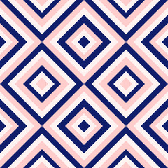 Diamond shapes pattern. Abstract geometry in navy blue and blush pink. Seamless vector pattern. Millennial pink background. Fashion fabric pattern design.