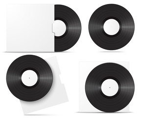 Realistic vinyl record in sleeve. Blank mock up set isolated on white background. Vector illustration