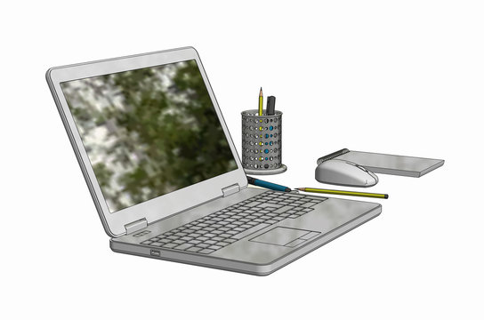 Illustration  of Laptop with cordless mouse notepad and pencils