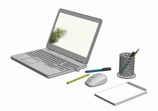 3D cad Illustration  of Laptop with cordless mouse notepad and pencils