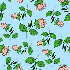 Seamless pattern with stylized pink flowers on a blue background.