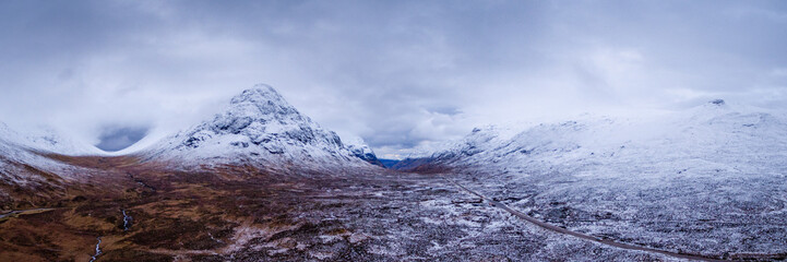 Fototapeta na wymiar landscape view of scotland and glencoe from an aerial viewpoint in panoramic landscape format