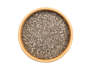 Chia seeds in a wooden bowl seen from above isolated on white background