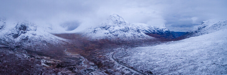 landscape view of scotland and glencoe from an aerial viewpoint in panoramic landscape format