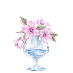 Glass vase with flowers. Watercolor illustration