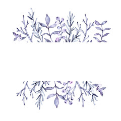 Hand drawn watercolor illustration. Botanical frame with violet branches and leaves. Blue collection. Floral Design elements. Perfect for wedding invitations, greeting cards, prints, posters