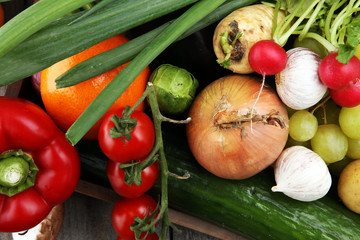 Composition with variety of raw organic vegetables and fruits. Balanced diet