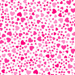 Cute little hearts in seamless pattern. Small heart shapes in different sizes and colors for Valentines Day background. Vector illustration. Bright pink hearts. Vector seamless pattern. Hearts mosaic.