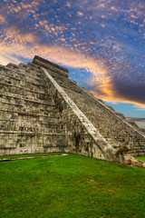 Kukulkan pyramid in Chichen Itza at sunset, Mexico