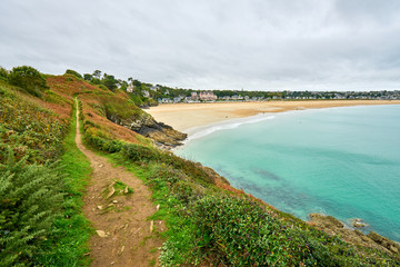 Fototapeta na wymiar Brittany beach called The Big Beach taken from Pointe de la garde, Saint-Cast-le-guildo, France 