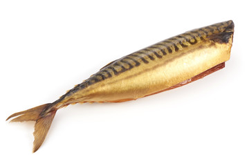 Cold smoked mackerel, close-up, isolated on white background.
