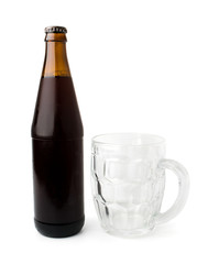 Beer bottle and beer glass on a white, isolated.