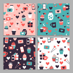 Materiał do szycia Set of seamless pattern of valentine day icons collection. Set of flat illustrations with heart, gift, cupcake, flower, envelope. Modern colors vector design.