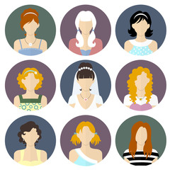 Circle stylish girls icons set in flat style.