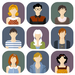 Girls and boys icons set in flat style.