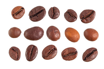 Set of coffee beans close-up isolated on white background