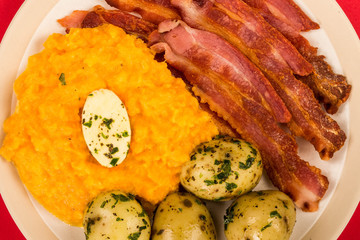 Norwegian Pork or Bacon With Mashed Swede and Boiled Potatoes Meal