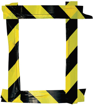 Yellow Black Caution Warning Tape Notice Sign Frame Vertical Adhesive Sticker Background Diagonal Hazard Stripes Signal Safety Attention Concept Isolated Large Closeup Old Aged Grunge Pattern