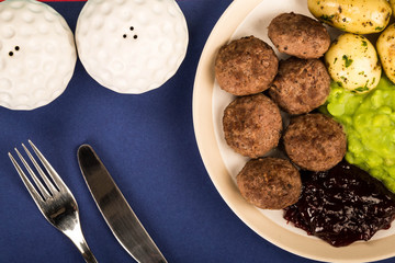 Norwegian or Sweedish Meatballs With Mushy Peas Boiled Potatoes and Cranberry Sauce