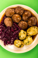Swedish or Norwegian Meatballs With Boiled Potatoes  Red Cabbage and Gravy Meal