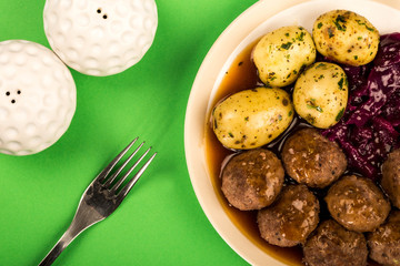 Swedish or Norwegian Meatballs With Boiled Potatoes  Red Cabbage and Gravy Meal