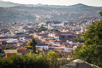 Fototapeta na wymiar Sucre - July 21, 2017: Panorama of the old town of Sucre, Bolivia