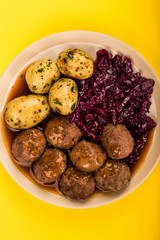 Swedish or Norwegian Meatballs With Boiled Potatoes  Red Cabbage and Gravy Meal