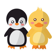 cute animals penguin and duck holding hands vector illustration