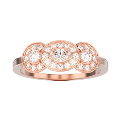3D illustration isolated rose gold three stone solitaire engagement ring