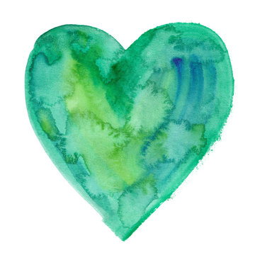 Single big bright green abstract heart backdrop painted in watercolor on clean white background