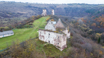 Aerial view on destroyed church on the hill