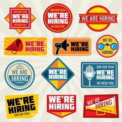 Now hiring employer, promotion at work vector badge and labels